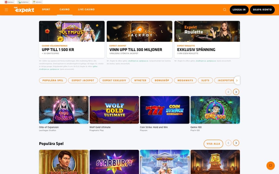 Casinolobbyn hos Expekt