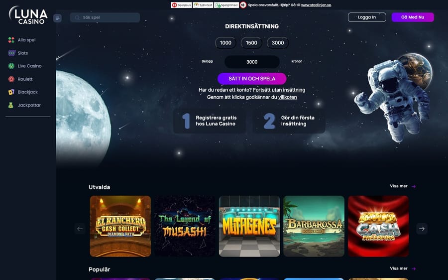 Tydligt rymdtema hos Luna Casino