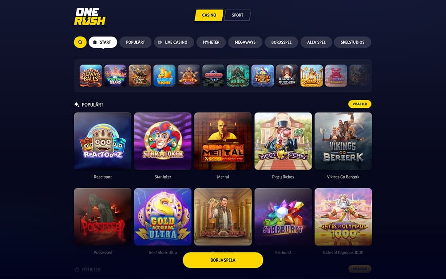 Lobbyn hos Onerush Casino