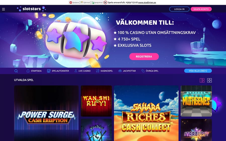 Startsidan hos SlotStars
