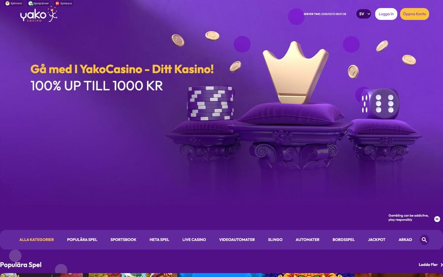Startsidan hos Yako Casino med den klassiska lila färgen