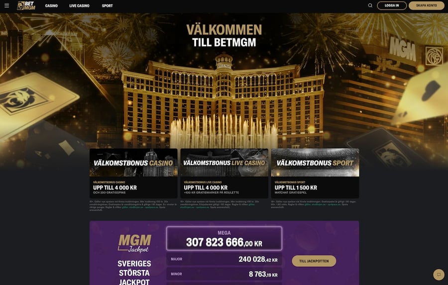 Startsidan hos BetMGM