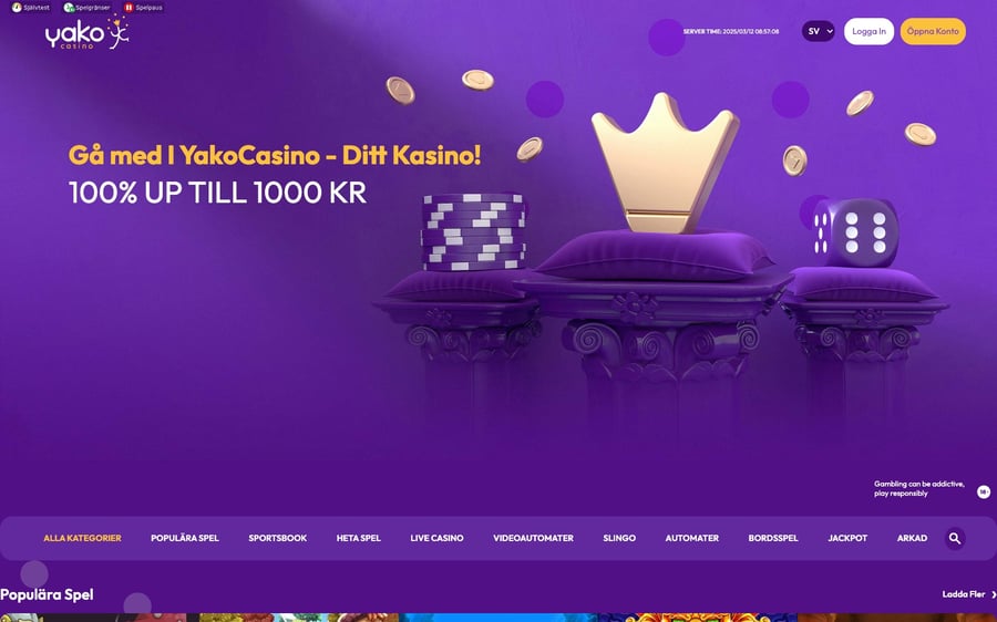 Startsidan hos Yako Casino med den klassiska lila färgen